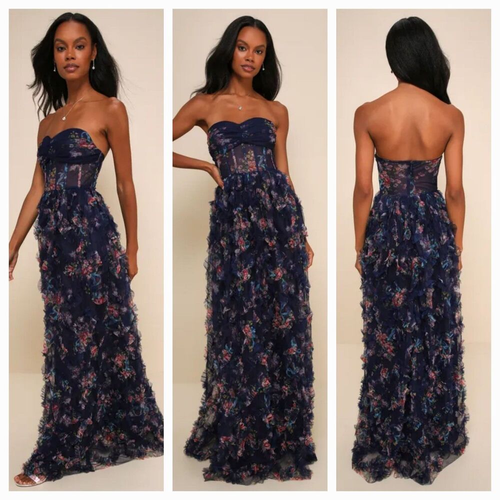 New LULUS (S) Stunning Element Navy Floral Mesh Ruffled Strapless Maxi Dress $99